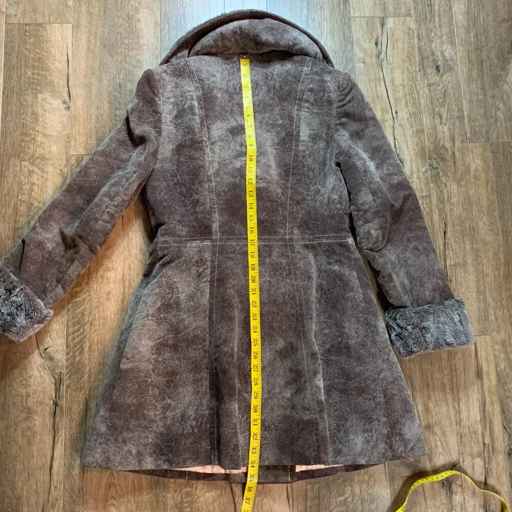 Vintage Penny Lane Pea Coat Faux Suede Fur Trim Double Breasted Overcoat - Picture 16 of 16